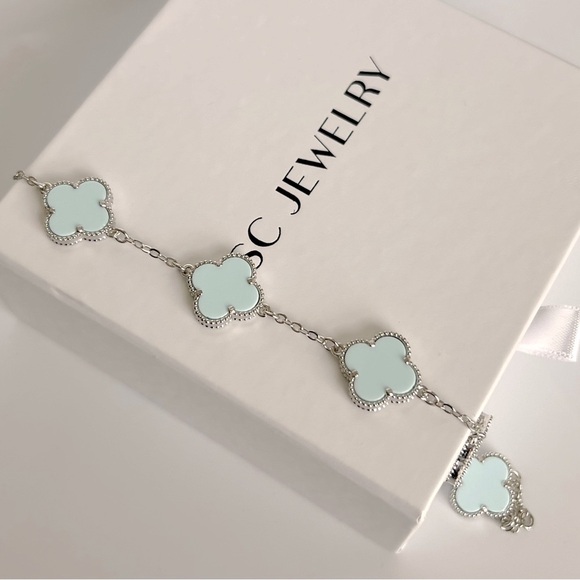 Sky Blue Clover Bracelet Double Sided Silver Color Chain Platinum Plated - Picture 2 of 9